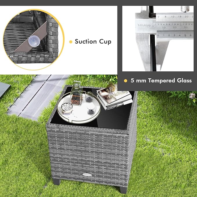 Tangkula 3 Pieces Wicker Patio Furniture Set, Outdoor Rattan Conversation Cushioned Chair Set with Tempered Glass Side Table, for Porch, Balcony and Garden