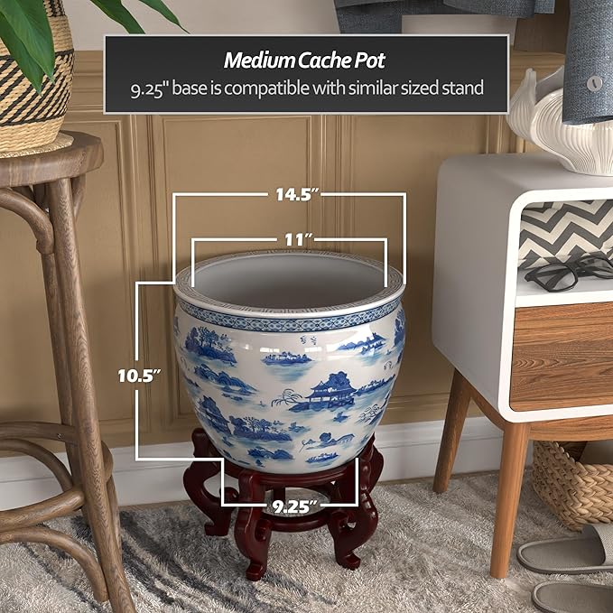 Red Lantern 14" Landscape Blue & White Porcelain Fishbowl Planter or Cachepot for Indoor/Outdoor Use in Garden Entryway Living Room Boho Eclectic Modern Contemporary Classic Traditional Style Decor