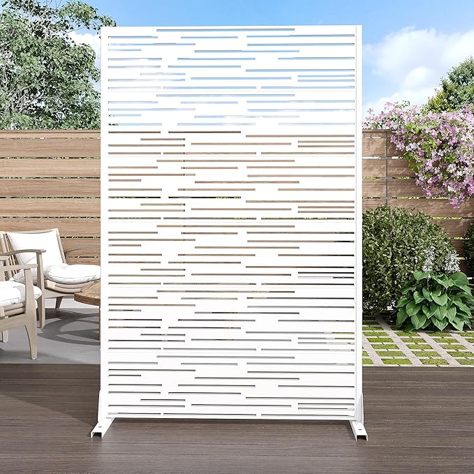 Casaphoria Metal Privacy Screen Outdoor, 72" H x 47" W Freestanding Decorative Privacy Screen for Patio Deck Balcony Garden with Stable Base, White-Shine