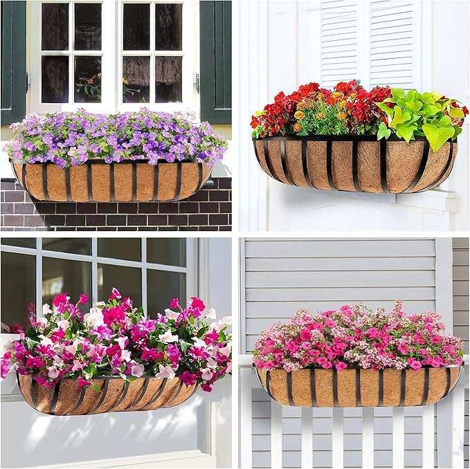 2pcs 30' Planter, Metal Window Box with Coco Liner, Wall Planter for Outdoor Indoor Balcony, Rustic Horse Trough Style