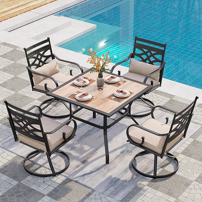 PHI VILLA 5 Pieces Outdoor Dining Set for 4, 37" Square Wood-top Metal Table & Wrought Iron Swivel Chairs, All Weather Large Outside Furniture with Cushions & Pillows for Patio, Deck, Porch