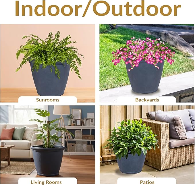 Sunnydaze 24-Inch Anjelica Large Plastic Pot for Plants - Outdoor Double-Walled Large Plastic Planter with Drillable Drainage Holes - Slate - 2pk