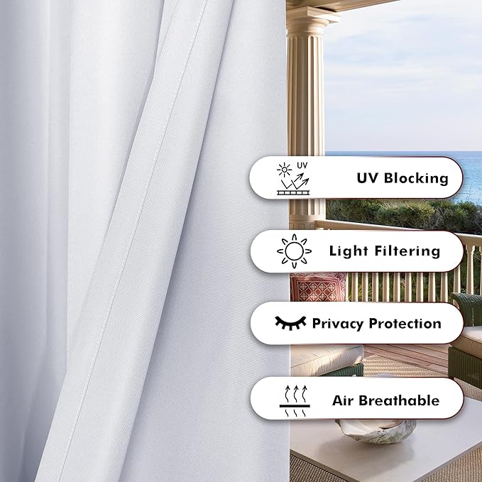 BONZER Waterproof Indoor/Outdoor Curtains for Patio Thick Privacy Grommet Curtains for Bedroom, Living Room, Porch, Pergola, Cabana, 1 Panel, 84W x 108L inch, White