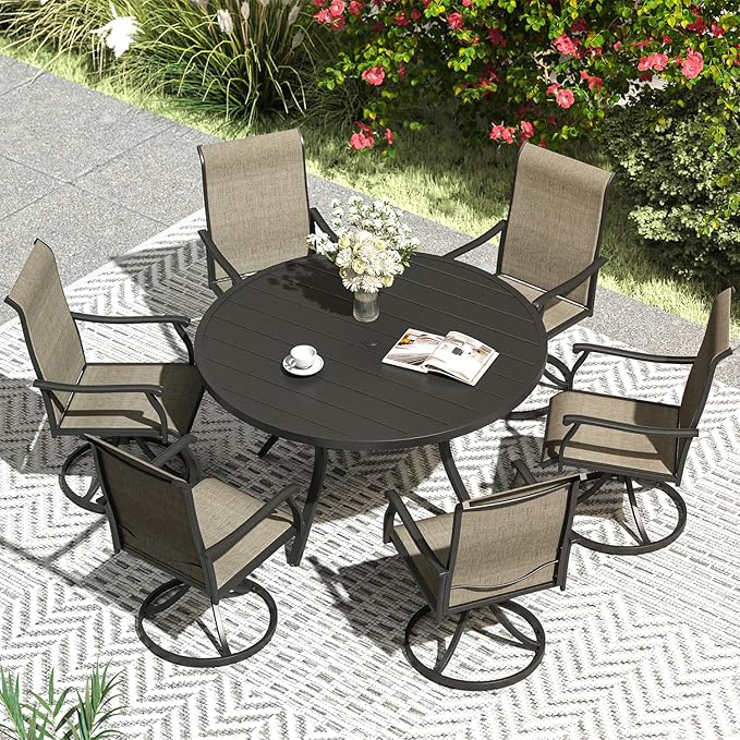 VICLLAX 47.2" Outdoor Round Patio Table for Lawn Garden, All Weather Metal Round Patio Dining Table with Adjustable Umbrella Hole, 6 Person Patio Table, Black Tabletop
