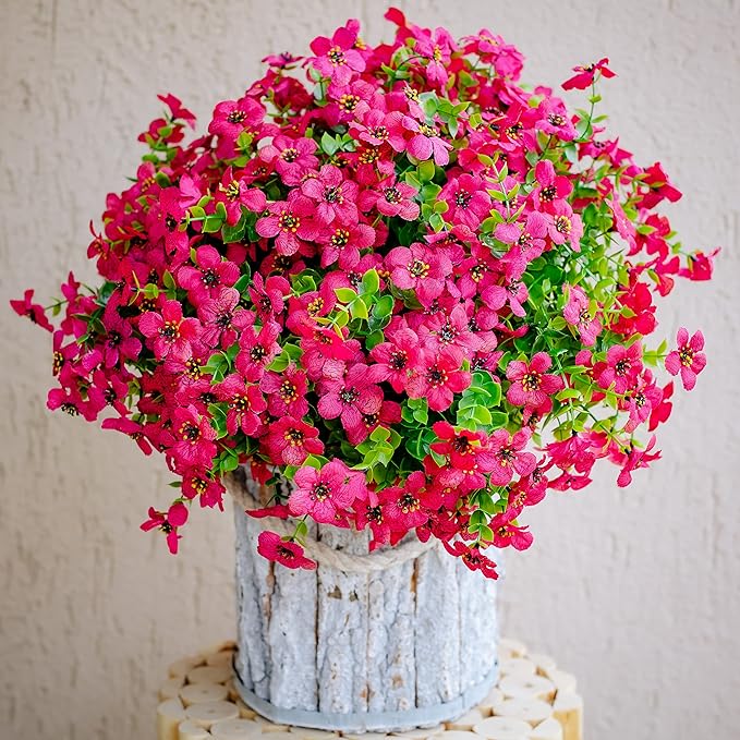 Artificial Flowers for Outdoors Fake Plants - 16 Bundles Faux Outside Greenery Boxwood No Fade Plastic Shrubs Fall Decor Farmhouse Home Garden Thanksgiving Mums (Red)