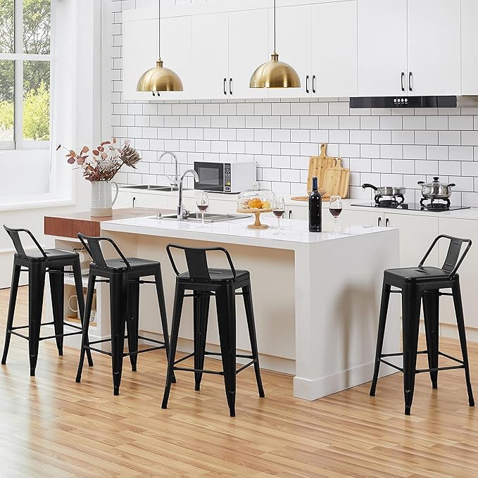 Yaheetech Bar Stools Set of 4, Metal Counter Height Chairs, 26 Inch Industrial Kitchen Stools with Backrest and Footrest for Indoor/Outdoor, Matte Black
