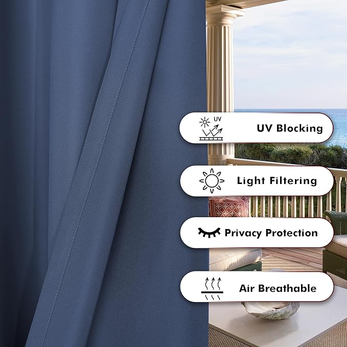 BONZER Waterproof Indoor/Outdoor Curtains for Patio Thick Privacy Extra Wide Grommet Curtains for Bedroom, Living Room, Porch, Pergola, Cabana, 1 Panel, 150W x 95L inch, Navy