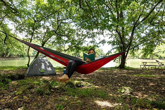 Durable Hammock 400 lb Capacity, Nylon Camping Hammock Chair - Double or Single Sizes w/Tree Straps and Attached Carry Bag - for Travel/Backpacking/Beach/Backyard (Medium, Dark Blue & Forest Green)
