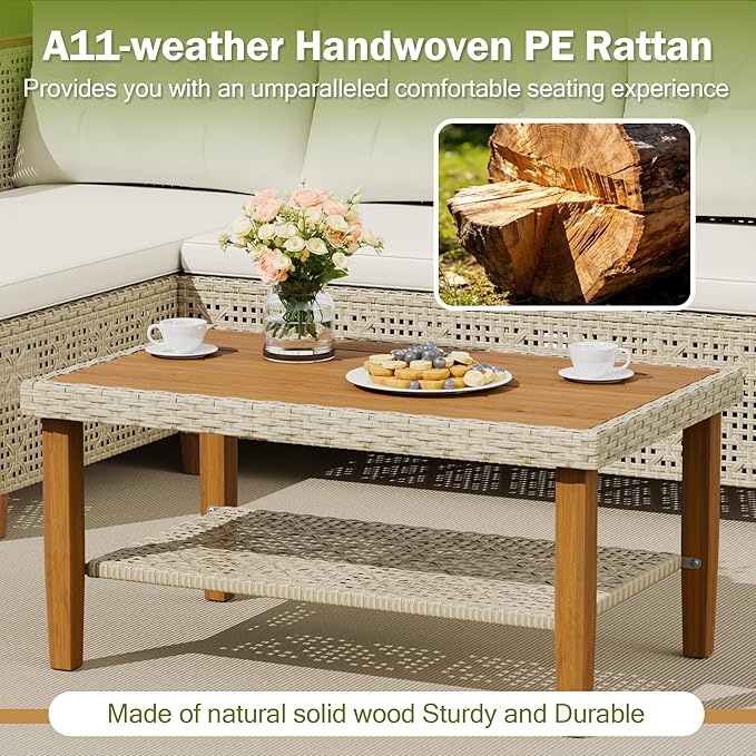 Devoko Patio Furniture Set 3 Piece Outdoor Sectional Sofa Hollow Rattan Patio Seating Sofa with Coffee Table & Ottoman for Deck, Porch, Poolside