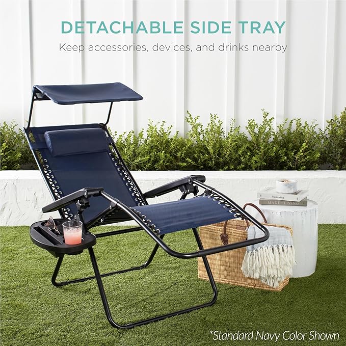 Best Choice Products 30” Wide Folding Zero Gravity Outdoor Recliner Patio Lounge Chair w/Adjustable Canopy Shade, Headrest, Side Accessory Tray - Navy Blue