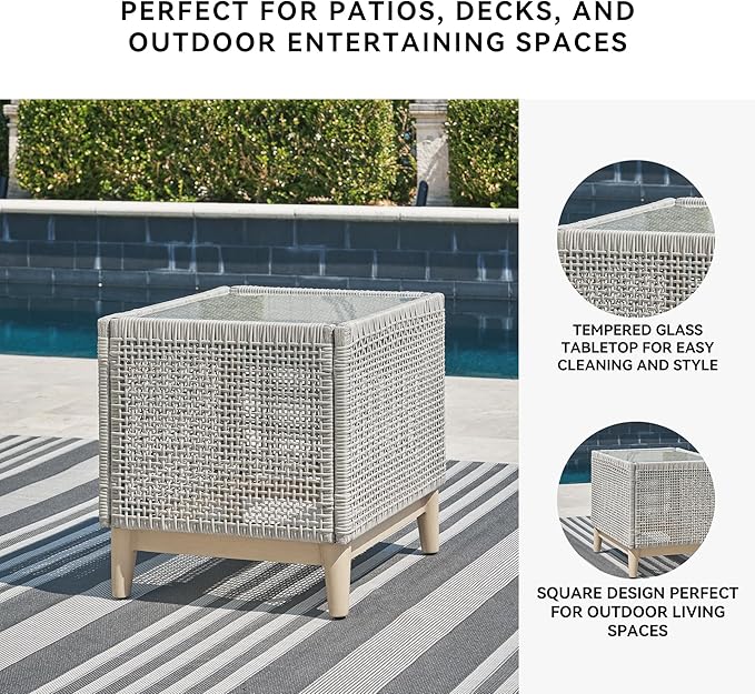 Signature Design by Ashley Seton Creek Contemporary Chic Outdoor All-Weather Resin Wicker End Table with Tempered Glass Tabletop, Gray & Light Brown