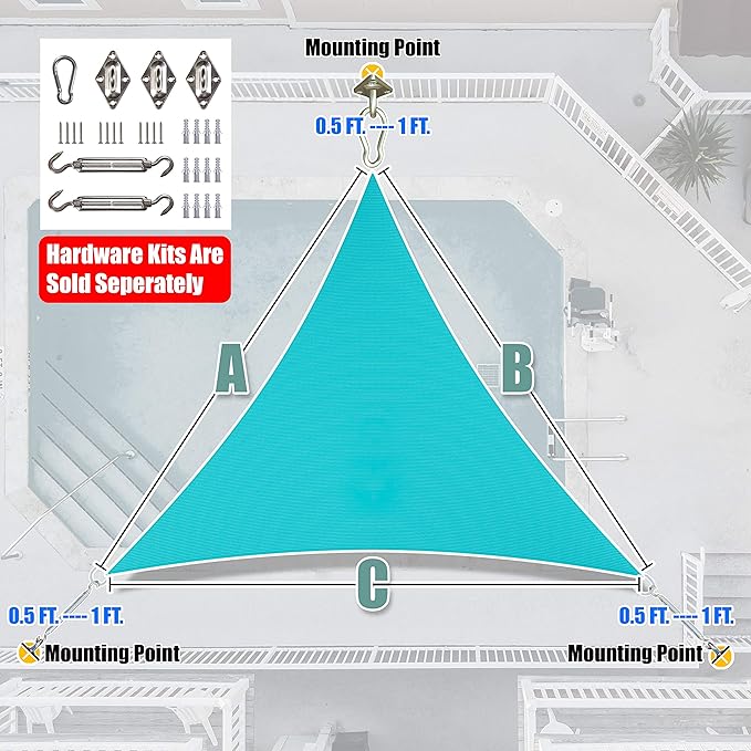 Amgo Custom Size 11' x 11' x 11' Turquoise Triangle Sun Shade Sail UPF50+ AGTAPRT12, Order to Make Canopy Awning, 95% UV Blockage, Water & Air Permeable, Commercial Standard (We Customize)