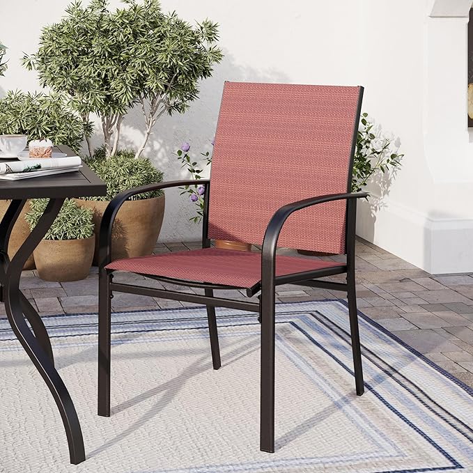 5 Piece Patio Dining Set for 4, 42" x 42" Round Metal Table with Umbrella Hole and 4 Red Chairs, Outdoor Table and Chairs Set for Lawn Backyard and Deck