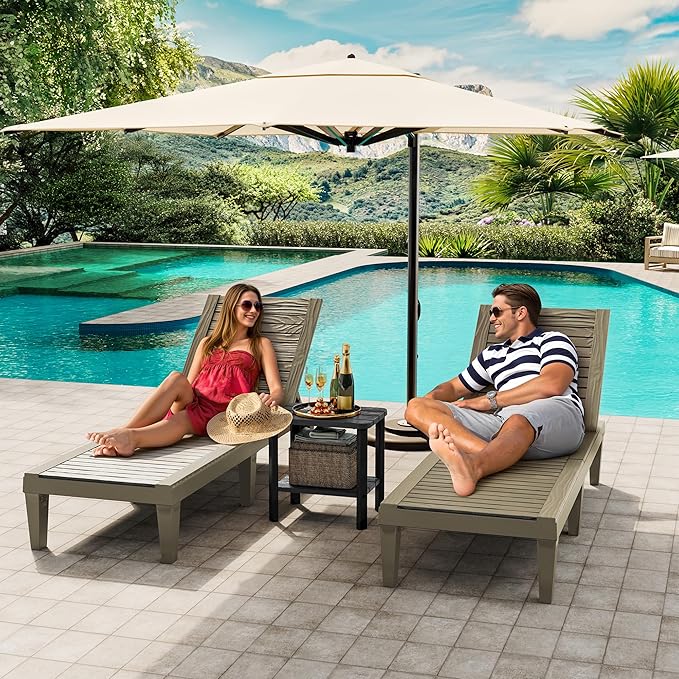 NUNU LAB Outdoor Chaise Lounge Chair Set of 3（2 of Chair and 1 of Side Table）,Waterproof Patio Lawn Chairs Lounge Outside,5-Positions Adjustable Pool Lounge Chair for Garden Beach Poolside,Grey