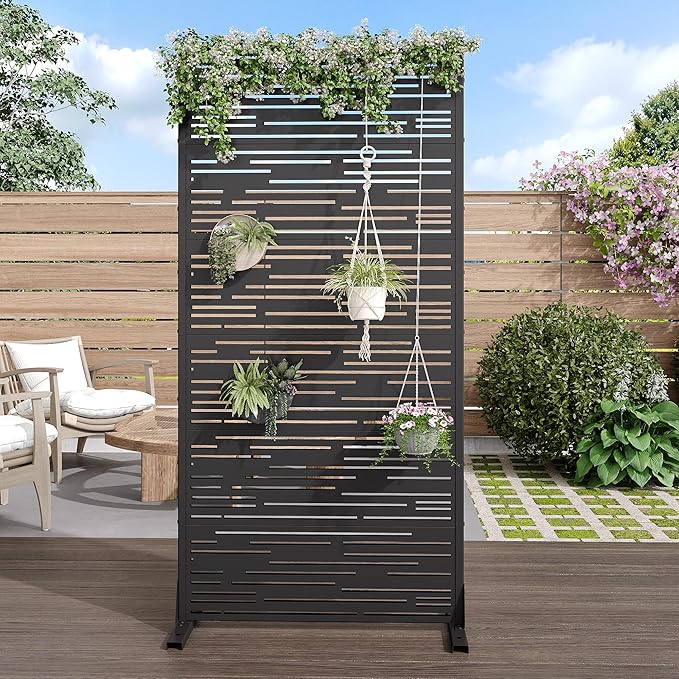 Casaphoria Metal Privacy Screen Outdoor, 72" H x 35" W Freestanding Decorative Privacy Screen for Patio Deck Balcony Garden with Stable Base, Black-Shine