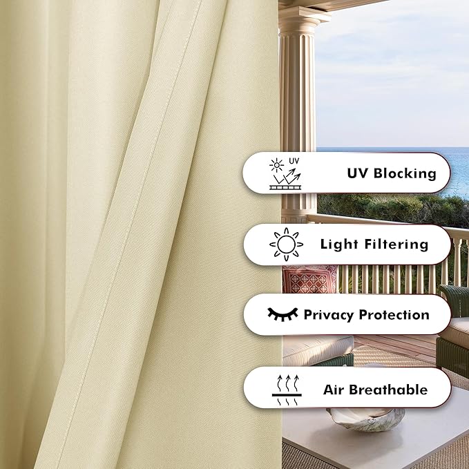 BONZER Outdoor Curtains for Patio Waterproof Thick Privacy Extra Wide Grommet Light Filtering Outside Curtains for Porch Pergola Gazebo Deck, 1 Panel, 150W x 95L inch, Cream