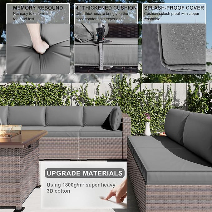 Kullavik 10 Pieces Outdoor Patio Furniture Set with 43" 55000BTU Gas Propane Fire Pit Table PE Wicker Rattan Sectional Sofa Patio Conversation Sets,Grey
