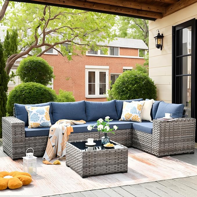 ovios 6 Pieces Patio Furniture Set, Outdoor Wicker Sectional Sofa with Glass Table Comfy Cushions, Modern Modular Deep Seat Couch Rattan Conversation Set, Denim Blue