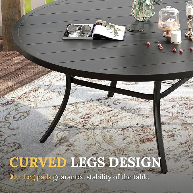 VICLLAX 63" Outdoor Round Patio Table with Umbrella Hole, All Weather Metal Round Outdoor Dining Table for Lawn Garden, 8-10 Person Table, Black