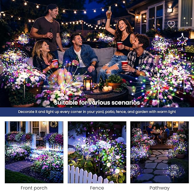 Solar Lights Outdoor, 120LED 8pack Fairy Garden Lights Decor for Outside Fireworks Lights Solar Powered for Yard, Patio, Pathway, Walkway, Balcony,Multicolor