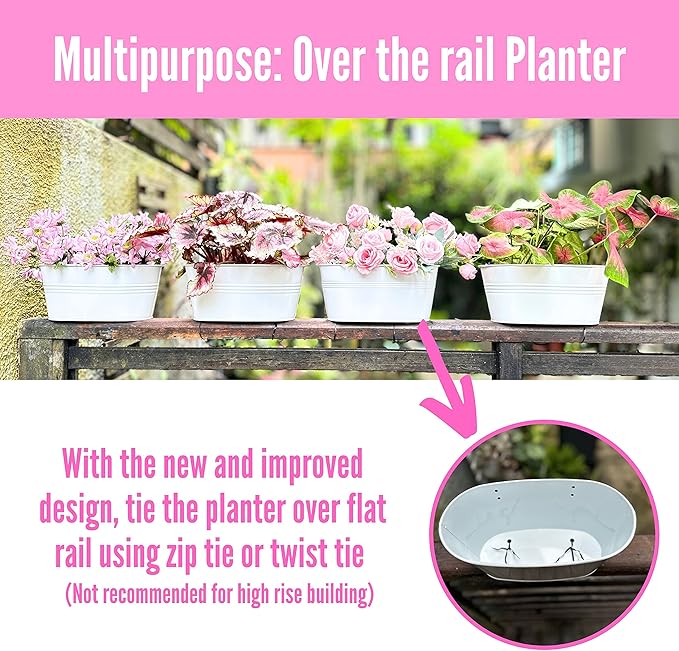 LaLaGreen Outdoor Rail Planter (4 Pack, 11.8 Inch) Metal Iron Hanging Flower Pots Deck Railings Fence Buckets Modern Countryside Boho Style White Wall Mount Window Box Plant Holder Hooks Porch Decor