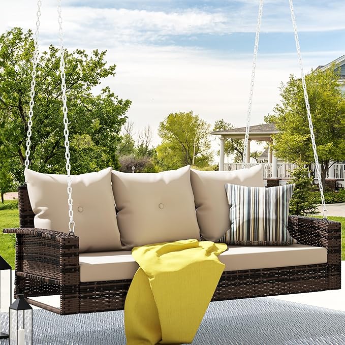 DWVO 3 Seats Porch Swing Hanging Bench Swing Outdoor Wicker Patio Swing Lounge Front Rattan 794lbs for Garden, Balcony, Brown&Beige