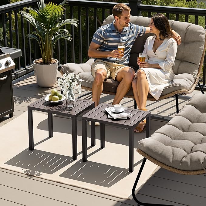 Crestlive Products Outdoor Side Table Set of 2, Aluminum Small Rectangular Weather Resistant Coffee End Tables for Patio Balcony Pool Deck (Brown)
