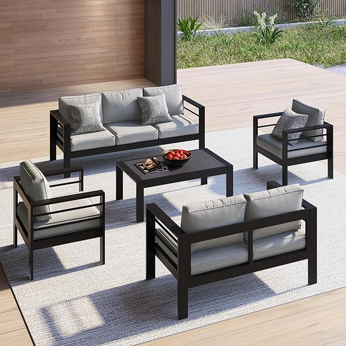Kiss the Water Outdoor Couch Aluminum Patio Furniture Sofa, 3 Seat All-Weather Metal Patio Couch with 5" Thick and Soft Cushion and Wide Arm, Outdoor Sofa for Balcony, Porch