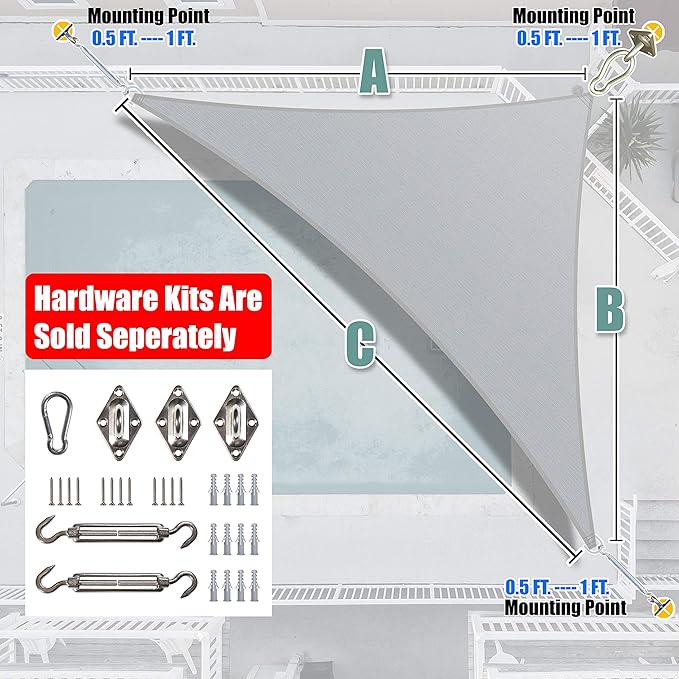 Amgo Custom Size 7' x 10' x 12.2' Gray Right Triangle Sun Shade Sail UPF50+ AGTAPRT12, Order to Make Canopy Awning, 95% UV Blockage, Water & Air Permeable, Commercial Standard (We Customize)