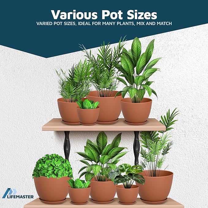 Terracotta Plant Pots with Drainage Holes & Saucers 10 Pack, Indoor & Outdoor Stackable Space-Saving Planters for Houseplants & Flowers, (7", 6.7", 6", 5.3", and 4.8" Inches), Durable & Weatherproof