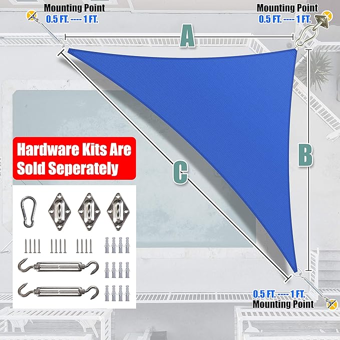 Amgo Custom Size 12' x 18' x 21.6' Blue Right Triangle Sun Shade Sail UPF50+ AGTAPRT12, Order to Make Canopy Awning, 95% UV Blockage, Water & Air Permeable, Commercial Standard (We Customize)