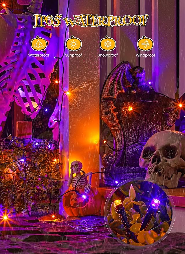 Brightown 4 Pack Solar Halloween String Lights, Total 184FT 480 LED Solar Lights Outdoor Waterproof Black Wire with 8 Modes, Solar Fairy Light for Garden Yard Patio Party Decors, Orange and Purple