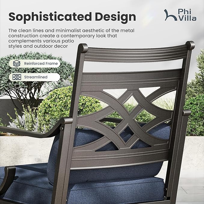 PHI VILLA 7 Pieces Outdoor Dining Set for 6, 54" Round Black Metal Table with Umbrella Hole & Wrought Iron Swivel Chairs, Large Outside Furniture with Blue Cushions & Pillows for Patio, Deck, Porch