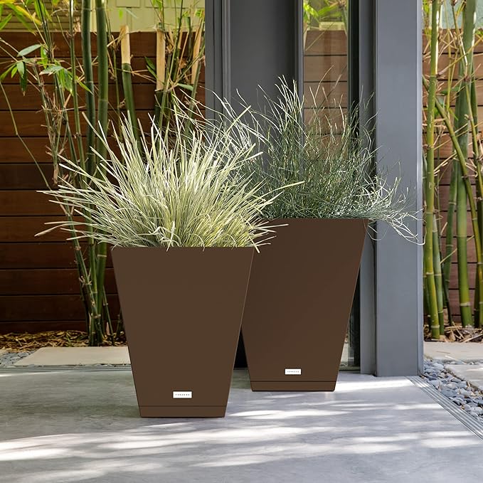 Veradek Nobleton Indoor/Outdoor Wide Square Planter (Espresso, 18" - 2 Pack with 2 Saucer Trays)