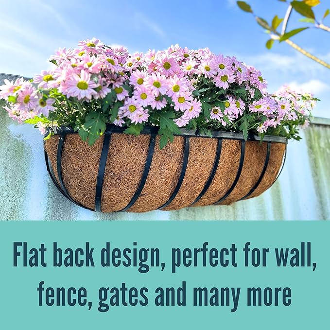 LaLaGreen Outdoor Wall Planter for Plants (24 Inch, 8 Pack) Large Black Metal Basket with Coco Liner, Window Flower Box Deck Railings Hanging Balcony Plant Holder Pot Garden Fence Balcony Patio Rail
