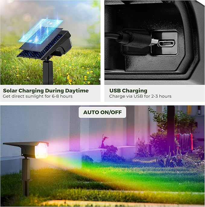 Kingsyard Solar Lights Outdoor Waterproof IP68, 47 LEDs 3 Lighting Modes USB & Solar Powered Garden Yard Pathway Spot Lights for Outside Landscape, Auto On/Off, 6 Pack(Cool White)