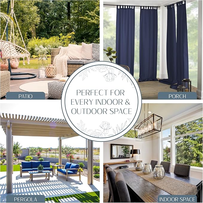 Elrene Home Fashions Matine Weatherproof Tab-Top Indoor/Outdoor Solid Color Curtain Panel for Porch, Pergola, Patio, Deck, 52”W x 84”L, Blue (Pack of 2)