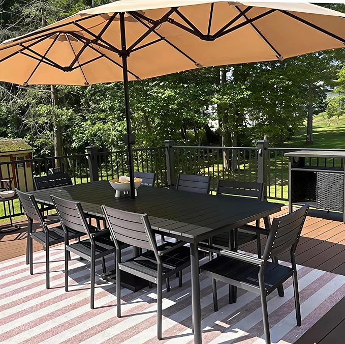 70" Patio Outdoor Dining Table for 6, Weather-Resistant Aluminum Frame with Wood-Grain Top & Umbrella Hole for Deck Gatherings, Black