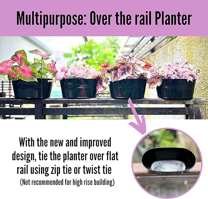 LaLaGreen Outdoor Plants Rail Planter (16 Inch, 2 Pack) Black Metal Iron Hanging Flower Oval Pots Railings Fence Buckets Modern Boho Style Wall Mount Window Boxes Plant Holder Hooks Porch Home Decor