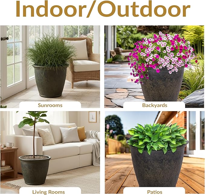 Sunnydaze 24-Inch Anjelica Large Plastic Pot for Plants - Outdoor Double-Walled Large Plastic Planter with Drillable Drainage Holes - Sable