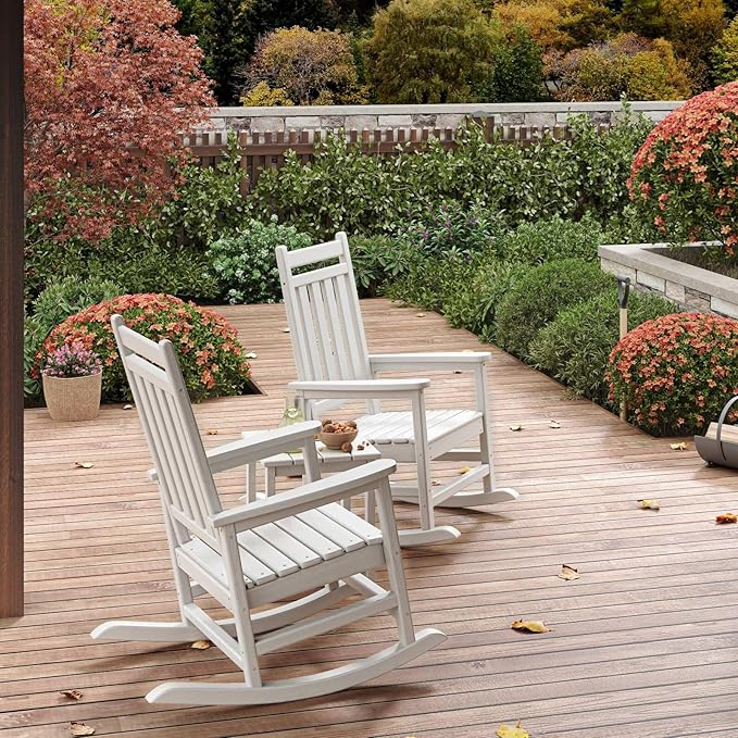 HDPE Rocking Chair Outdoor Set of 2 - Poly High Back Porch Rocker Chairs for Adults - All Weather Resistant Furniture for Patio Front Porch - White