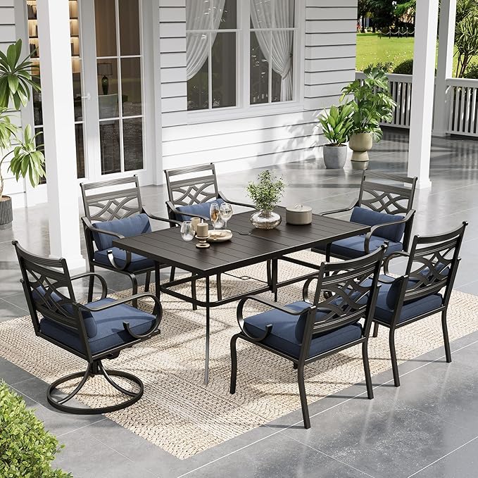 Sophia and William Outdoor Patio Dining Set for 6, Outdoor Table and Chairs, Removable Blue Seat Cushions, 4 Fixed，2 Swivel Chairs, 60" Black Patio Dining Table,Blue