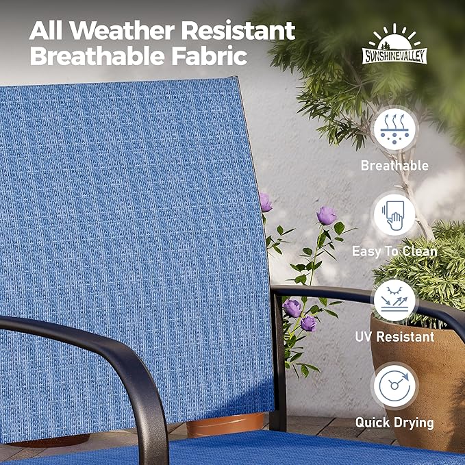 5 Piece Patio Dining Set for 4, 37”x37” Square Table with Umbrella Hole and 4 Metal Blue Chairs, Outdoor Table and Chairs Set for Lawn Backyard and Deck
