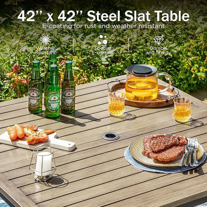 PHI VILLA 5 Pieces Outdoor Dining Set for 4, 42" Square Brown Metal Table with Umbrella Hole & Wrought Iron Swivel Chairs, Large Outside Furniture with Red Cushions & Pillows for Patio, Deck, Porch