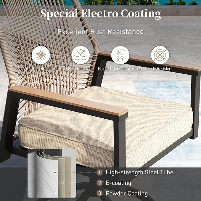 Patio Dining Set 5 Piece, 4 x Woven Rattan Swivel Chairs with Waterproof Cushion, 42” Metal Round Dining Table with Umbrella Hole, Outdoor Table and Chairs Set for Backyard Lawn and Deck, Beige