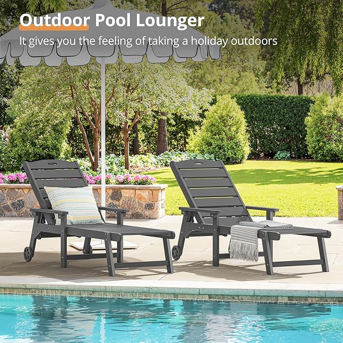 LUE BONA Outdoor Chaise Lounge Chairs Set of 4, HDPS Chaise Lounger, 5 Positions Adjustable Lounge Chairs, Pool Lounge Chair with Wheels for Poolside, Dark Gray