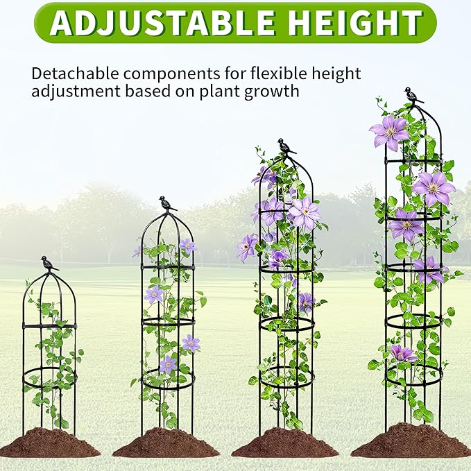 6.7FT Garden Obelisk Trellis for Climbing Plants,Adjustable 5-Tier Metal Plant Support,Rustproof Outdoor Plant Tower with 3 Decorative Tops for Roses,Tomatoes,Clematis & Vines,Black