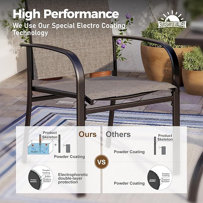 5 Piece Patio Dining Set for 4, 42" x 42" Round Metal Table with Umbrella Hole and 4 Brown Chairs, Outdoor Table and Chairs Set for Lawn Backyard and Deck