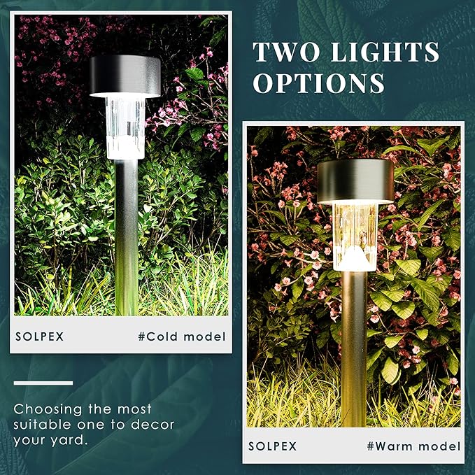 SOLPEX 24 Pack Solar Outdoor Lights Pathway, Stainless Steel Solar Lights Outdoor Waterproof,LED Landscape Lighting Walkway for Landscape/Patio/Lawn/Yard/Driveway-Cold White