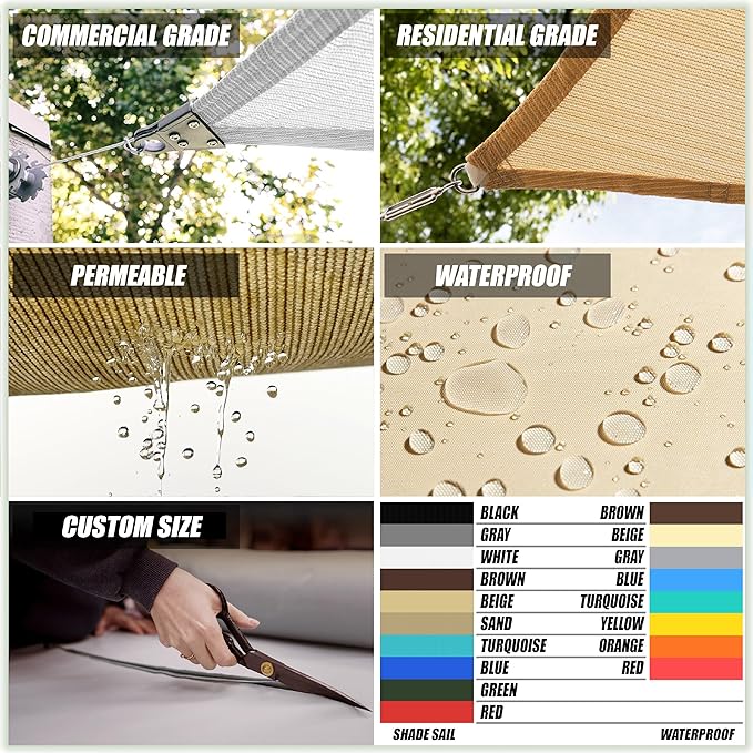 ColourTree 16' x 16' White Square CTAPS16 Sun Shade Sail Canopy Mesh Fabric UV Block UPF50 - Commercial Heavy Duty - 190 GSM - 3 Years Warranty - (We Customize Size)